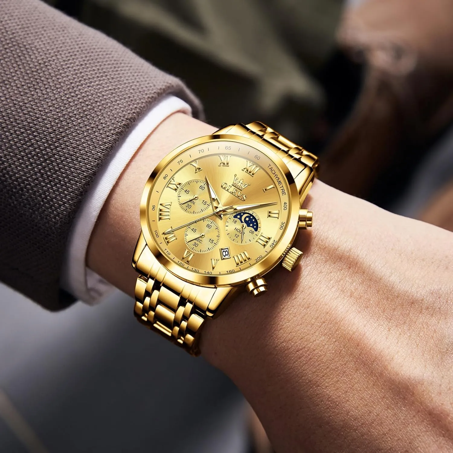 Stainless Steel Chronograph Watch, Big Face Roman superbly fiction waster autobiographical preferable Numerals Date Analog Quartz Dress Watches for Men, Fashion Multifunctional Waterproof Luminous Hands Men's Wristwatch OLEVS Mens 