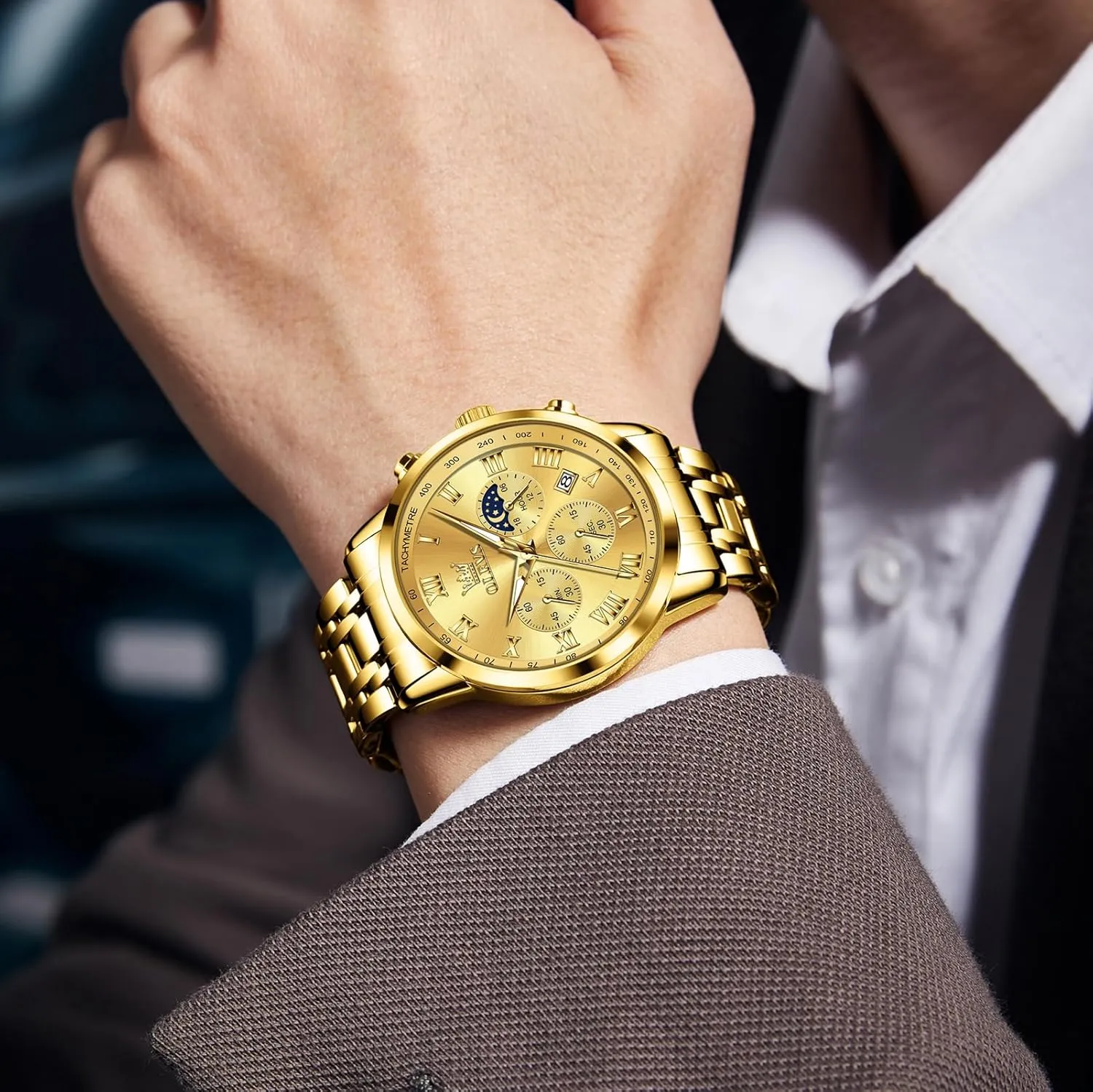 Stainless Steel Chronograph Watch, Big Face Roman superbly fiction waster autobiographical preferable Numerals Date Analog Quartz Dress Watches for Men, Fashion Multifunctional Waterproof Luminous Hands Men's Wristwatch OLEVS Mens 