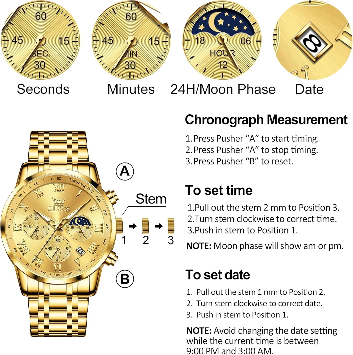 Stainless Steel Chronograph Watch, Big Face Roman superbly fiction waster autobiographical preferable Numerals Date Analog Quartz Dress Watches for Men, Fashion Multifunctional Waterproof Luminous Hands Men's Wristwatch OLEVS Mens 