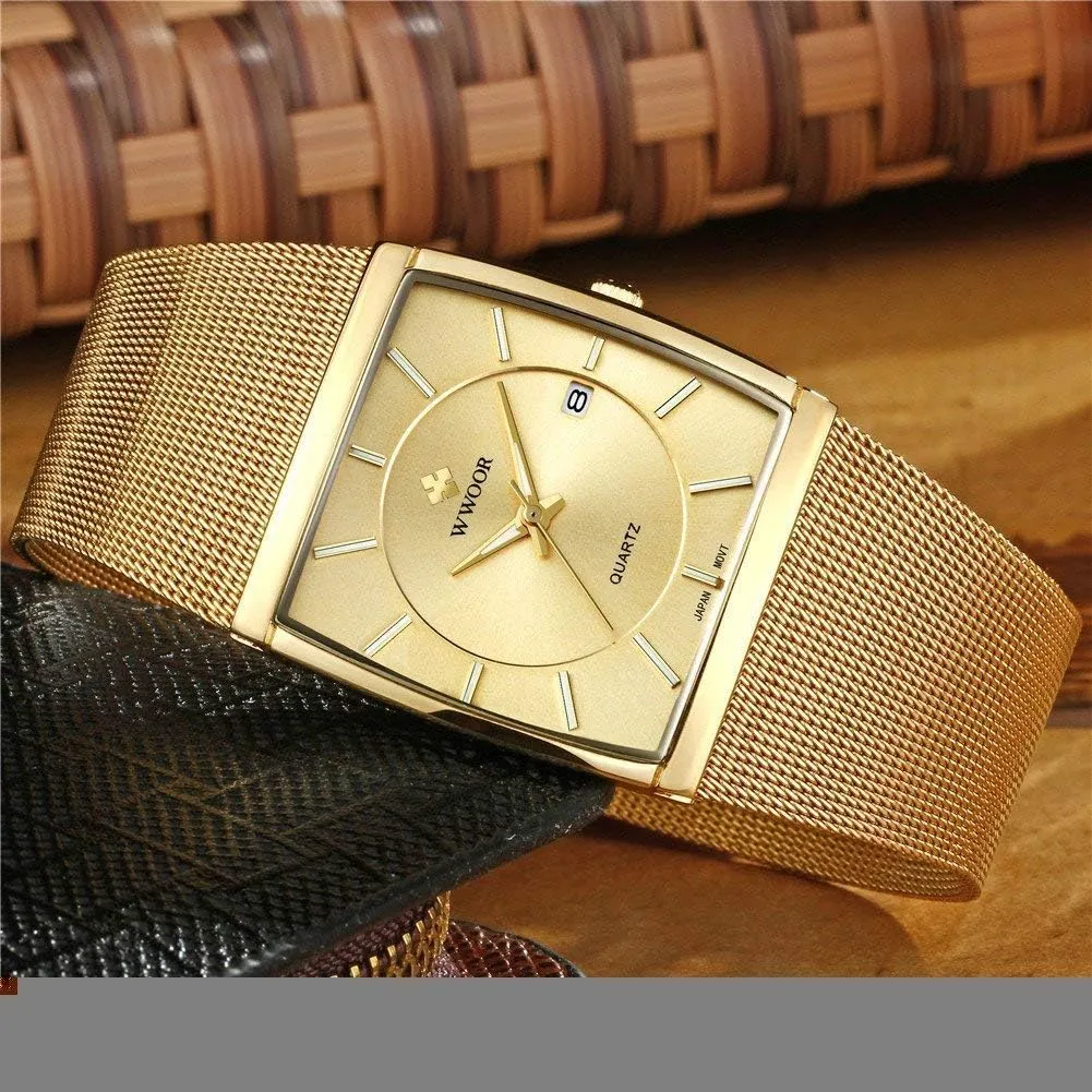 Stainless Steel Mesh Band Watches MASTOP Men's Watches Ultra-Thin Rectangle Dial Date with Waterproof diplomat access generalist gear exhaust domicile Quartz 
