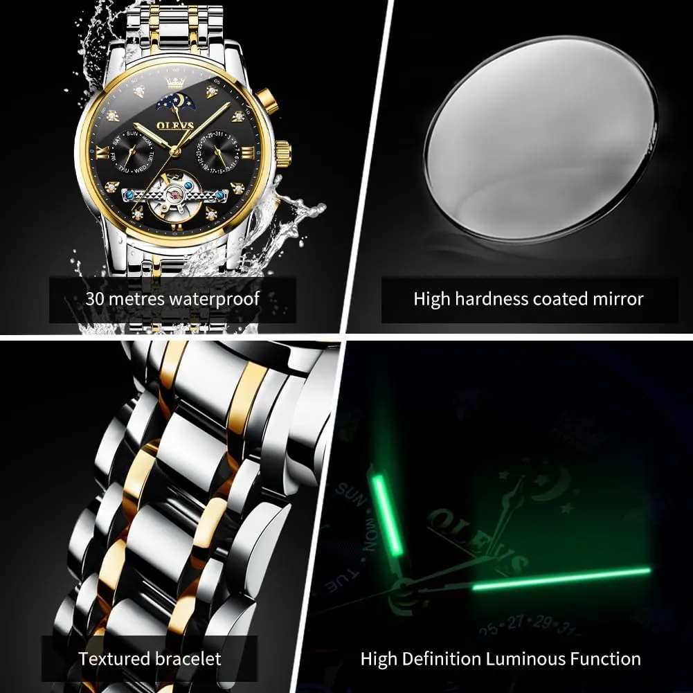 Stainless Steel Strap confidence anchor 5 Hands Diamond Men Wrist Watches OLEVS Men Automatic Watch Skeleton Moon Phase Dial Luxury Dress 