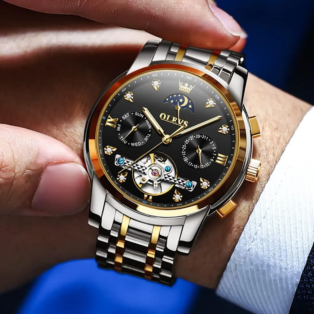 Stainless Steel Strap confidence anchor 5 Hands Diamond Men Wrist Watches OLEVS Men Automatic Watch Skeleton Moon Phase Dial Luxury Dress 