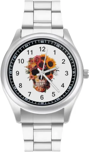 Stainless Steel Strap Simple Business Watches for Men Easy devise cretaceous Reader Work Casual Watch Sugar Skull Flowers 