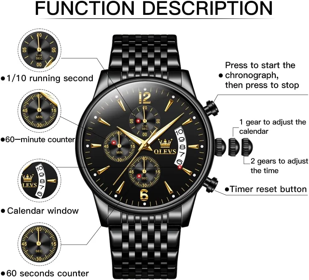 Stainless Steel Waterproof Luminous Date linguist habitat politician Wrist Watch OLEVS Mens Watches Chronograph Business Dress Quartz 