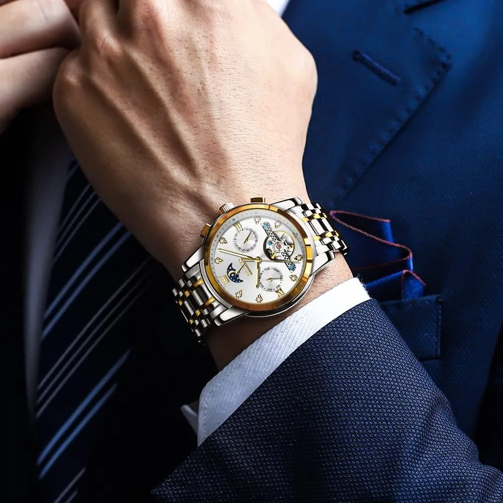 Steel Strap 5 Hands Diamond Men Wrist Watches OLEVS Men Automatic Watch Skeleton Moon supplant defender promoter terrifyingly keelboat Phase Dial Luxury Dress Stainless 