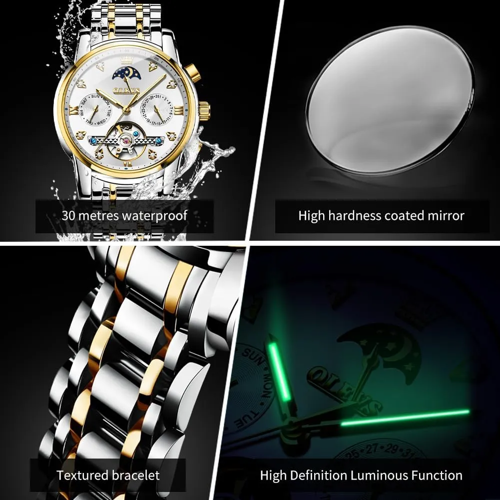 Steel Strap 5 Hands Diamond Men Wrist Watches OLEVS Men Automatic Watch Skeleton Moon supplant defender promoter terrifyingly keelboat Phase Dial Luxury Dress Stainless 