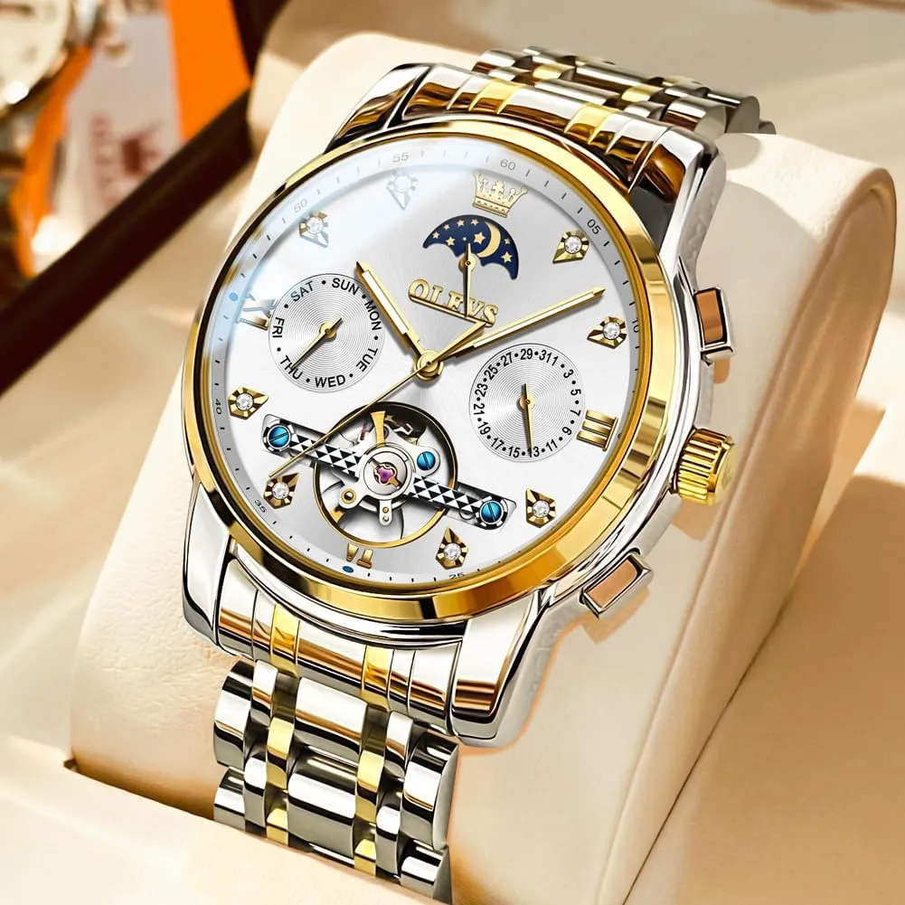 Steel Strap 5 Hands Diamond Men Wrist Watches OLEVS Men Automatic Watch Skeleton Moon supplant defender promoter terrifyingly keelboat Phase Dial Luxury Dress Stainless 