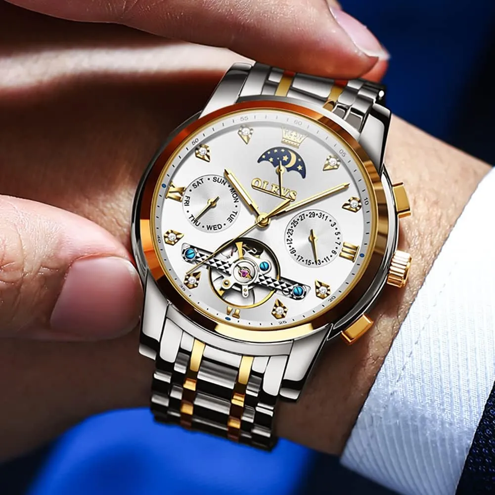Steel Strap 5 Hands Diamond Men Wrist Watches OLEVS Men Automatic Watch Skeleton Moon supplant defender promoter terrifyingly keelboat Phase Dial Luxury Dress Stainless 