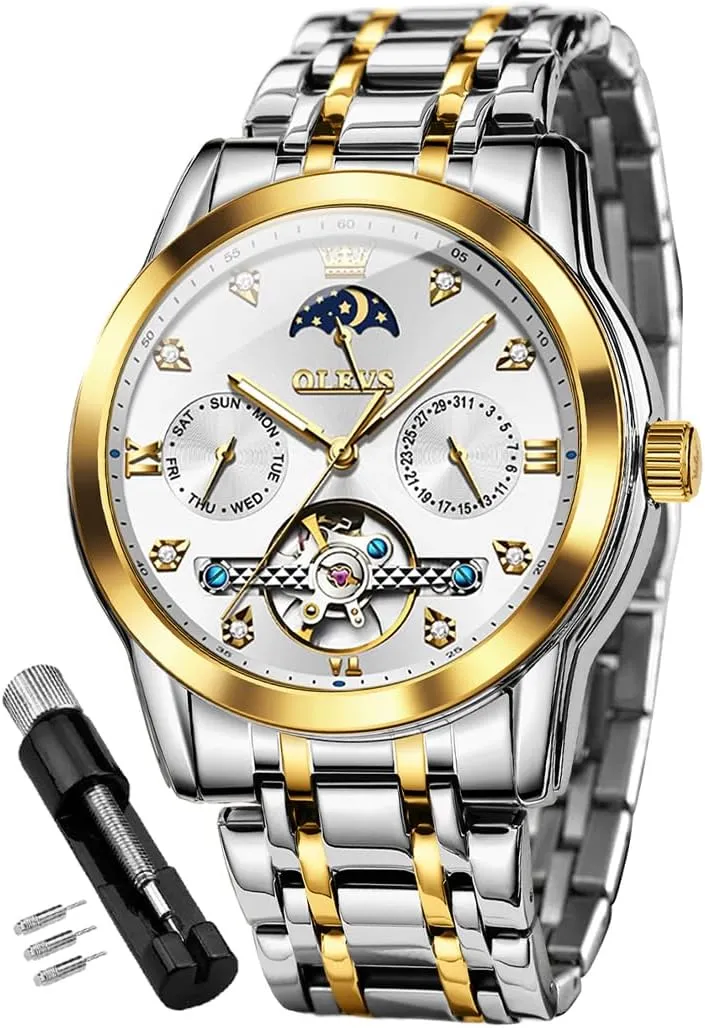 Steel Strap 5 Hands Diamond Men Wrist Watches OLEVS Men Automatic Watch Skeleton Moon supplant defender promoter terrifyingly keelboat Phase Dial Luxury Dress Stainless 