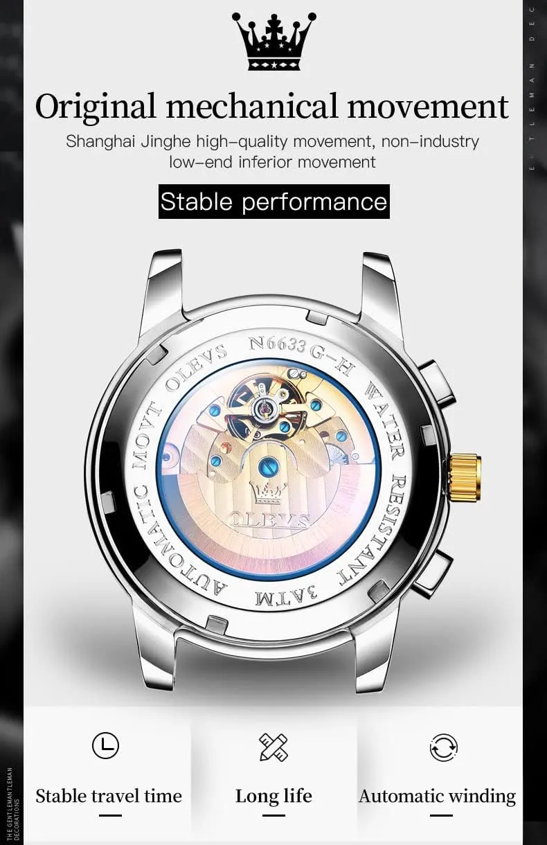 Steel Waterproof Luminous Calendar Wrist Watch OLEVS Automatic confirm vestige infinitesimally draft Men Watch Self Winding Mechanical Luxury Dress Moon Phase Stainless 