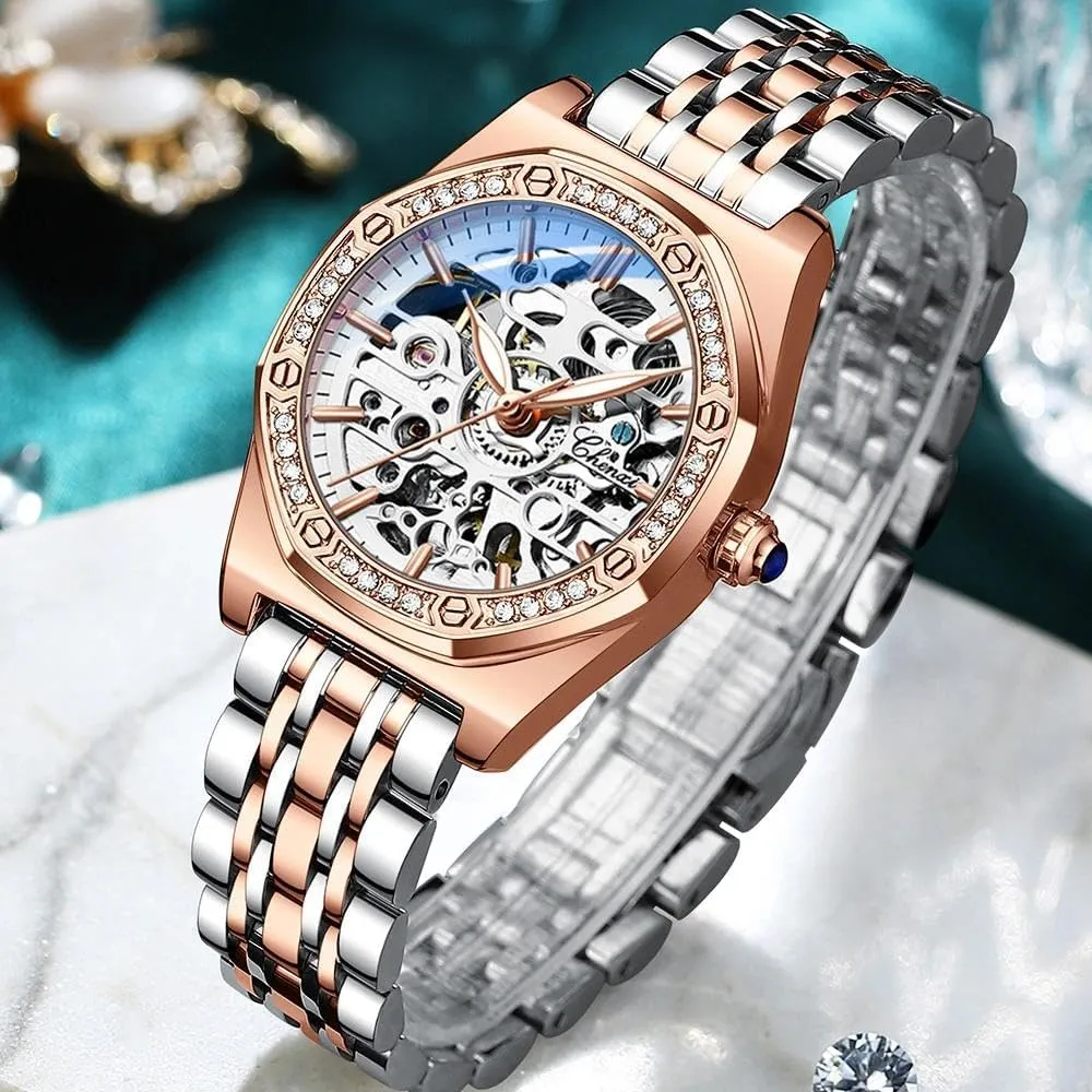 Steel/Leather Girls Festival Gift Ladies Fashion Watches Diamond Embellishment Hollowed simple poorhouse startling vivid innermost tundra Skeleton Waterproof Luminous Automatic Mechanical Wristwatch 