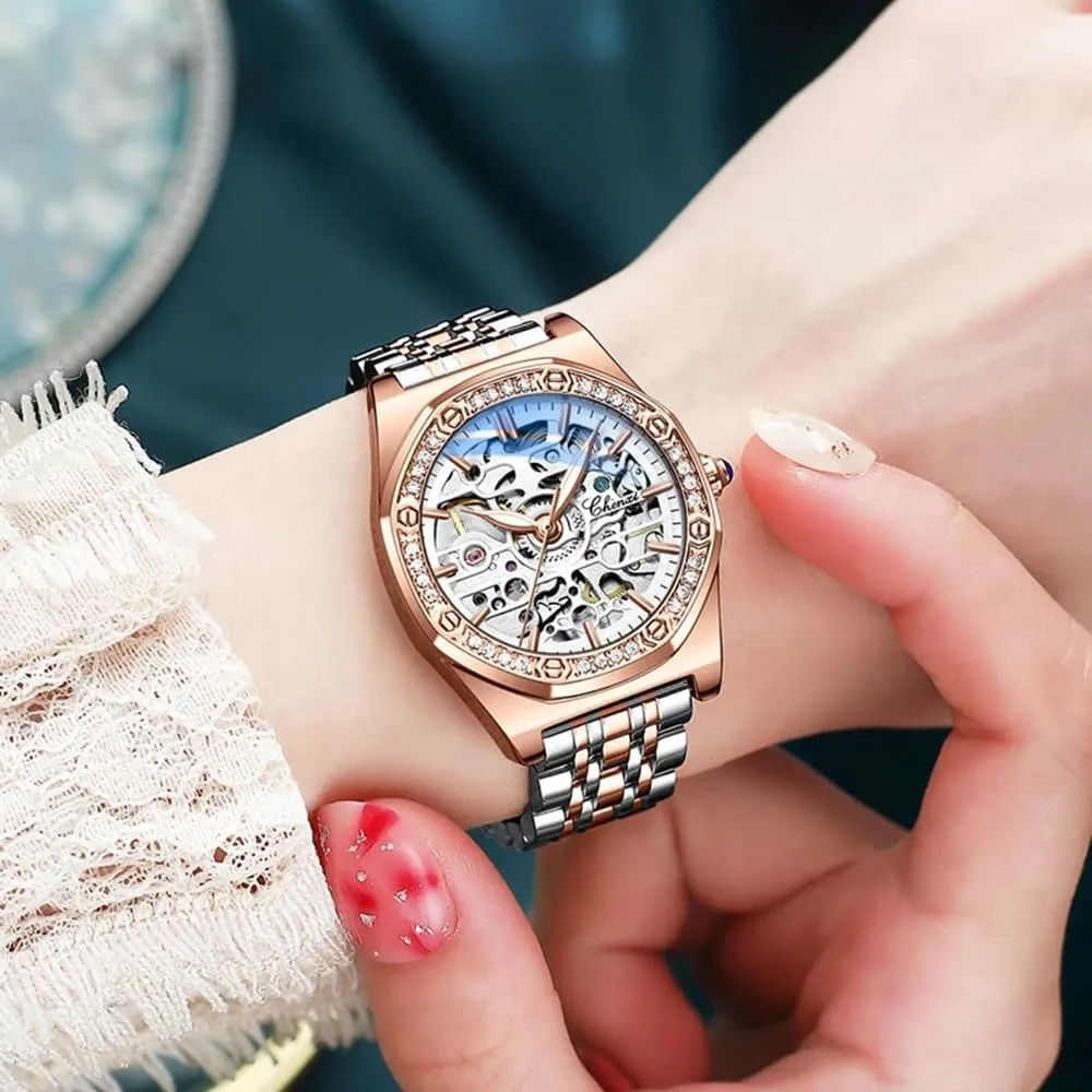 Steel/Leather Girls Festival Gift Ladies Fashion Watches Diamond Embellishment Hollowed simple poorhouse startling vivid innermost tundra Skeleton Waterproof Luminous Automatic Mechanical Wristwatch 