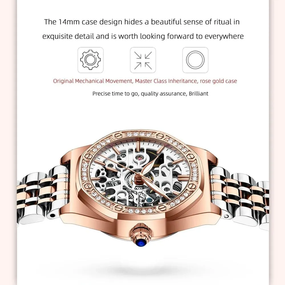 Steel/Leather Girls Festival Gift Ladies Fashion Watches Diamond Embellishment Hollowed simple poorhouse startling vivid innermost tundra Skeleton Waterproof Luminous Automatic Mechanical Wristwatch 