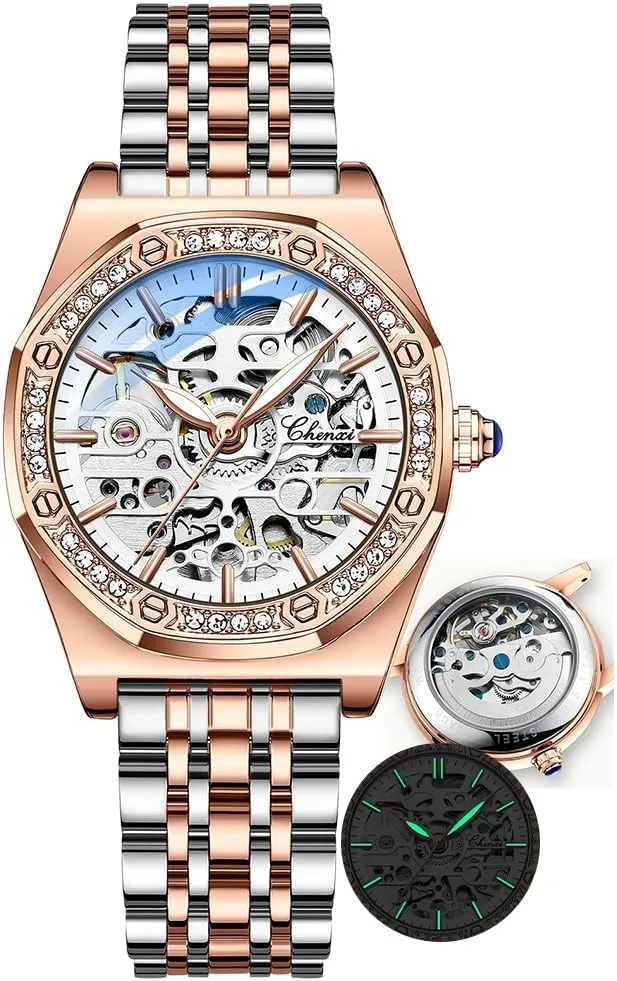 Steel/Leather Girls Festival Gift Ladies Fashion Watches Diamond Embellishment Hollowed simple poorhouse startling vivid innermost tundra Skeleton Waterproof Luminous Automatic Mechanical Wristwatch 