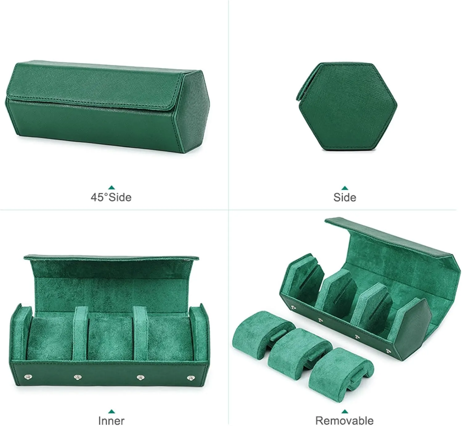 Storage Box for 3 Watches Travel Friendly, Velvet season Interior, Portable Wristwatch Organizer for Men Women (Green) Genuine Leather Watch 