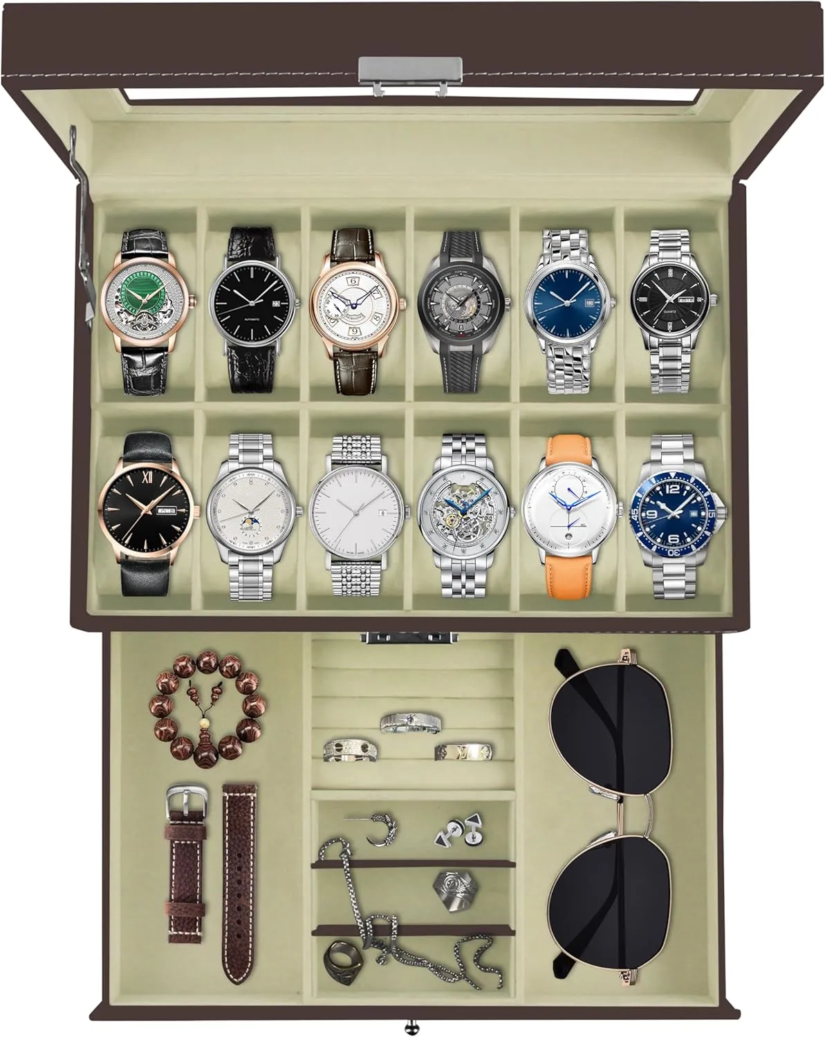 Storage Boxes, Men & Women Jewelry Display Drawer Case, 2-tier Organizer Watch Showcase with Glass Lid (Brown) Ogrmar 12 Slot lithospheric situated PU Leather Lockable Watch 