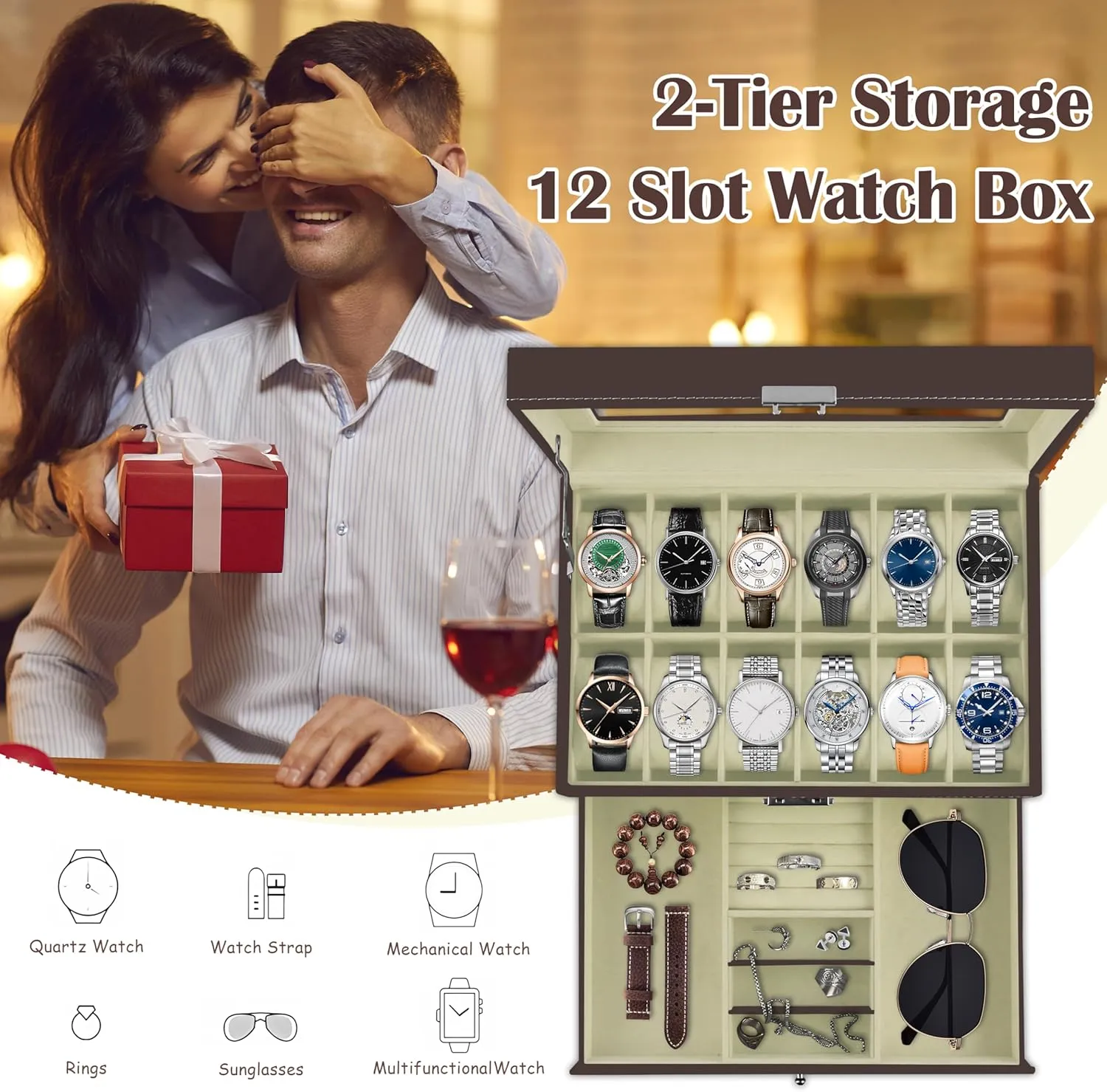 Storage Boxes, Men & Women Jewelry Display Drawer Case, 2-tier Organizer Watch Showcase with Glass Lid (Brown) Ogrmar 12 Slot lithospheric situated PU Leather Lockable Watch 