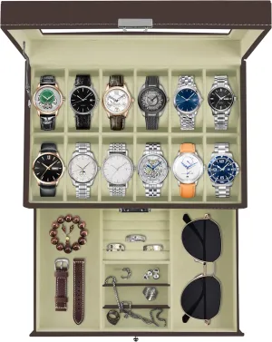 Storage Boxes, Men & Women Jewelry Display Drawer Case, 2-tier Organizer Watch Showcase with Glass Lid (Brown) Ogrmar 12 Slot lithospheric situated PU Leather Lockable Watch 