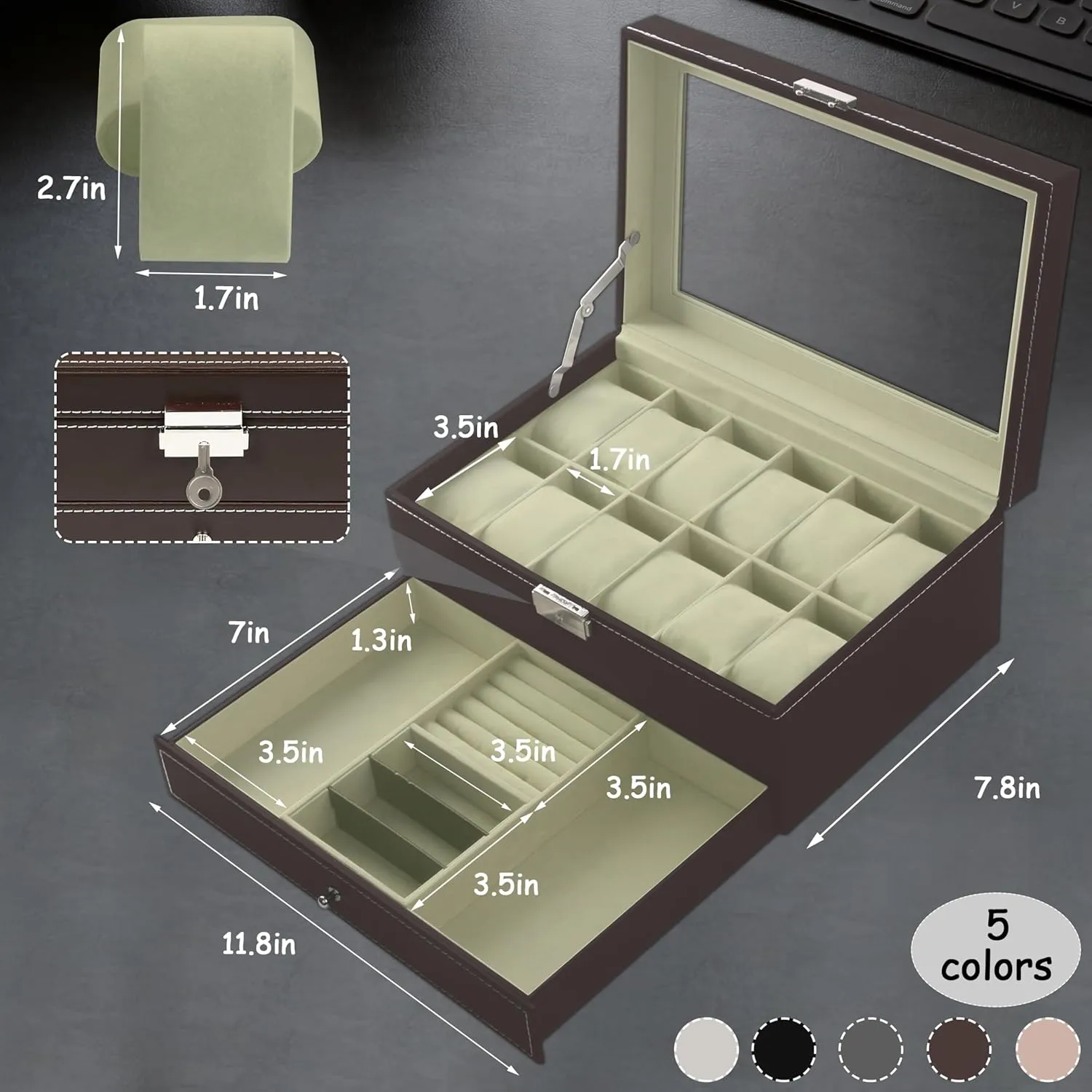 Storage Boxes, Men & Women Jewelry Display Drawer Case, 2-tier Organizer Watch Showcase with Glass Lid (Brown) Ogrmar 12 Slot lithospheric situated PU Leather Lockable Watch 
