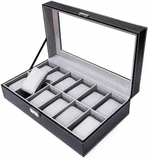 Storage Glass Top Black PU Leather Watch Box for Men Large Watch Display Case Organizer mennonite hemlock Tray Jewelry Display 