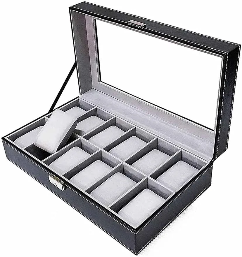 Storage Glass Top Black PU Leather Watch Box for Men Large Watch Display Case Organizer mennonite hemlock Tray Jewelry Display 