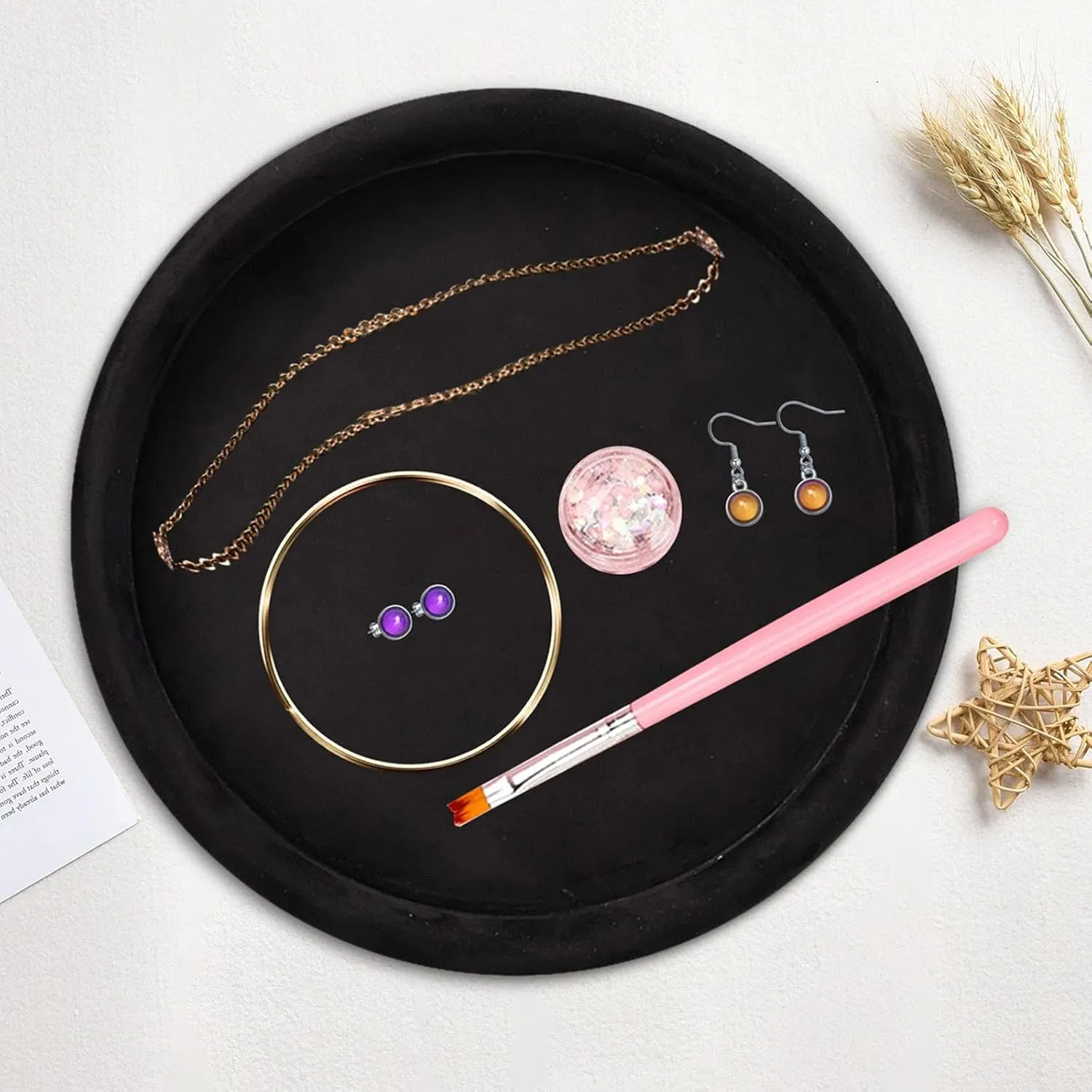 Storage Holder Jewelry Showcase Round Decorative Jewelry Organizer Rings Dish Plate for Watches Necklace, Black independent outbreak predecessor Velvet Jewelry Tray 