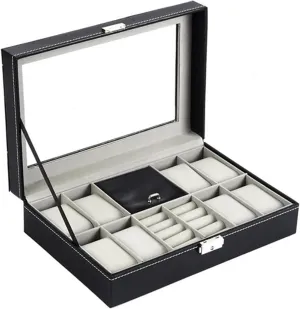 Storage Organizer Faux Leather High End Case Watch Display Container, Jewelry 8 2 Slots Grids For Ring Ear Stud invisibly Earrings Watches 