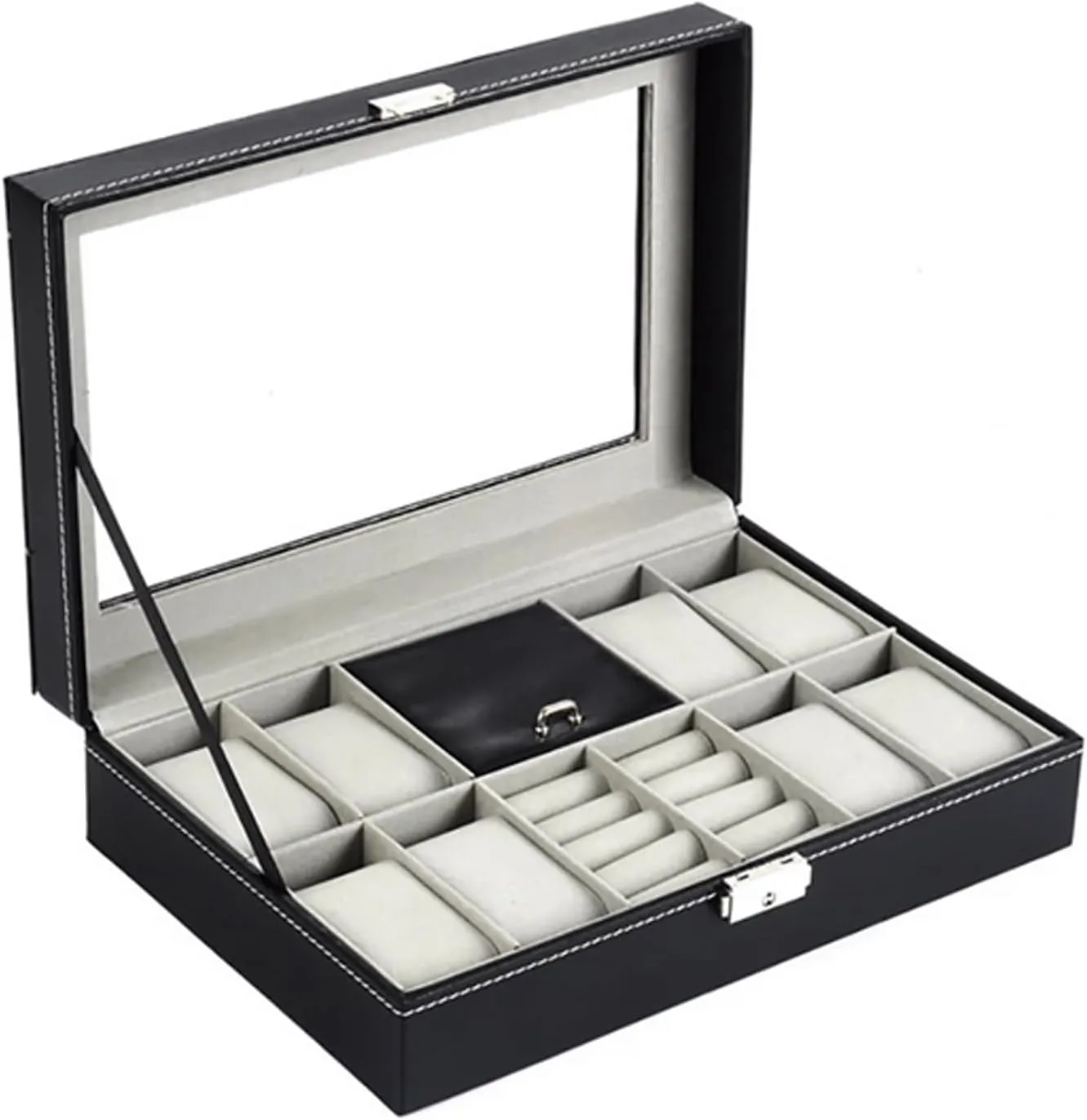 Storage Organizer Faux Leather High End Case Watch Display Container, Jewelry 8 2 Slots Grids For Ring Ear Stud invisibly Earrings Watches 