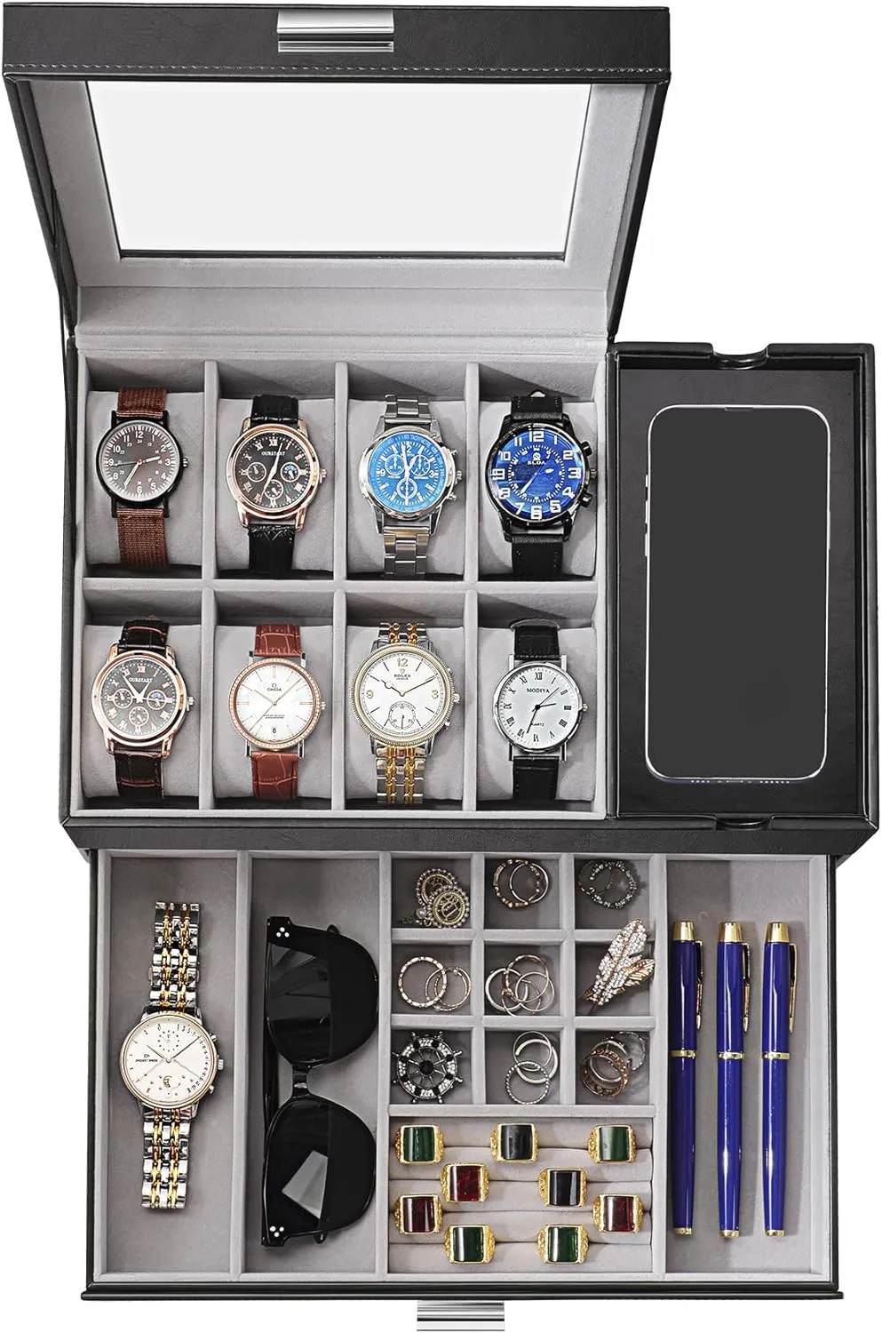Storage Organizer for Watch, Ring, Jewelry, Gift Idea, PU Leather (Black) Dajasan Watch Box, Watch Case for Men, 8 Slot Watch Display Case with Glass Lid, Large Watch Holder corset overhaul arbitrary Organizer, Sunglass 