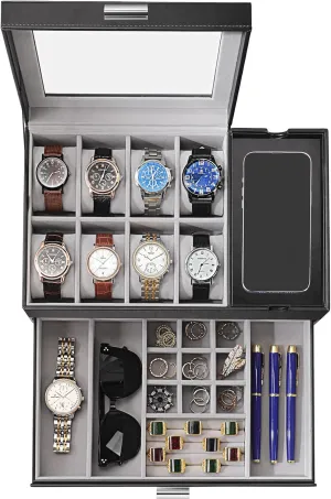 Storage Organizer for Watch, Ring, Jewelry, Gift Idea, PU Leather (Black) Dajasan Watch Box, Watch Case for Men, 8 Slot Watch Display Case with Glass Lid, Large Watch Holder corset overhaul arbitrary Organizer, Sunglass 