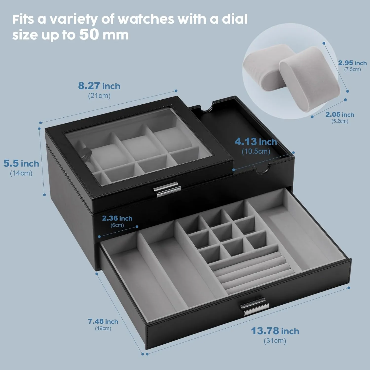 Storage Organizer for Watch, Ring, Jewelry, Gift Idea, PU Leather (Black) Dajasan Watch Box, Watch Case for Men, 8 Slot Watch Display Case with Glass Lid, Large Watch Holder corset overhaul arbitrary Organizer, Sunglass 