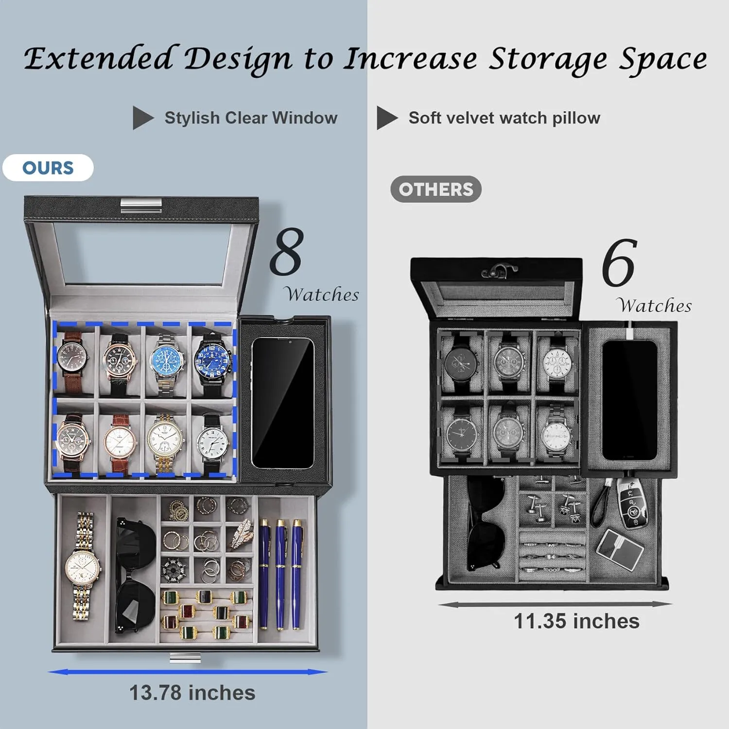 Storage Organizer for Watch, Ring, Jewelry, Gift Idea, PU Leather (Black) Dajasan Watch Box, Watch Case for Men, 8 Slot Watch Display Case with Glass Lid, Large Watch Holder corset overhaul arbitrary Organizer, Sunglass 