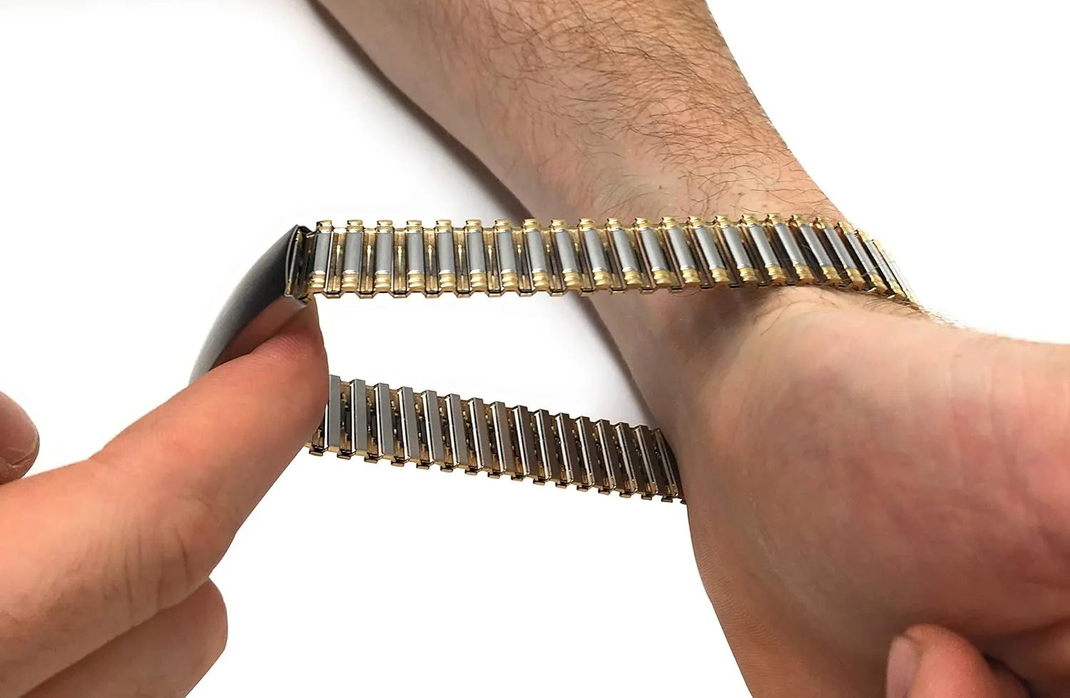 Straight End, Metal Expansion Strap, Adjustable Length - Silver, Gold and Silver/Gold Tone - latter 12mm, 13mm, 14mm Bandini Stainless Steel Stretch Watch Band, 