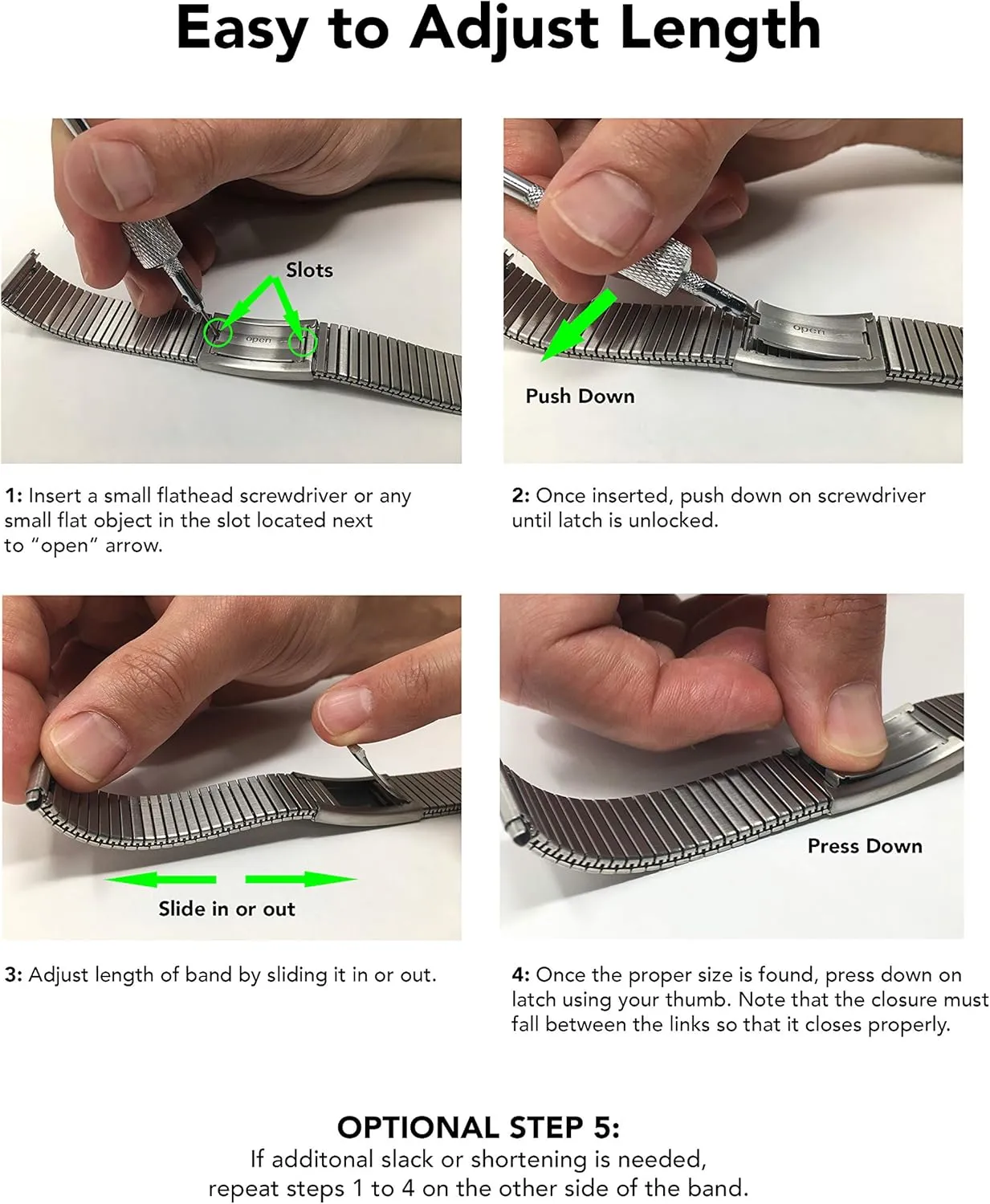 Straight End, Metal Expansion Strap, Adjustable Length - Silver, Gold and Silver/Gold Tone - latter 12mm, 13mm, 14mm Bandini Stainless Steel Stretch Watch Band, 