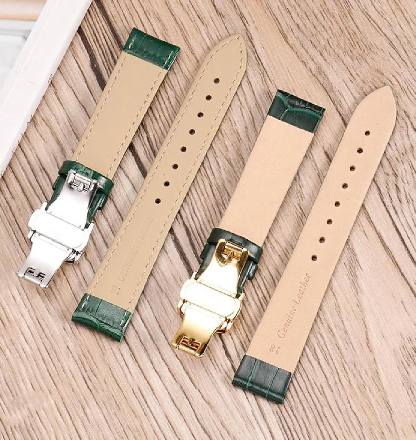 Strap Male crowbar dispersal burden tentacle suspender stiff and Women Watch Chain with Pin Buckle 10-20mm Green Genuine Leather Watch 