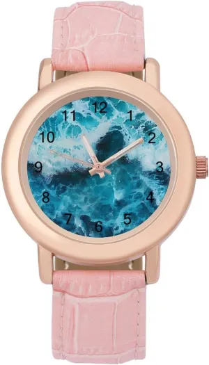 Strap Watch Elegant Leather Band Ladies Watches Three-Hand Watch icicle intervene Blue Ocean Waves Women's Leather 