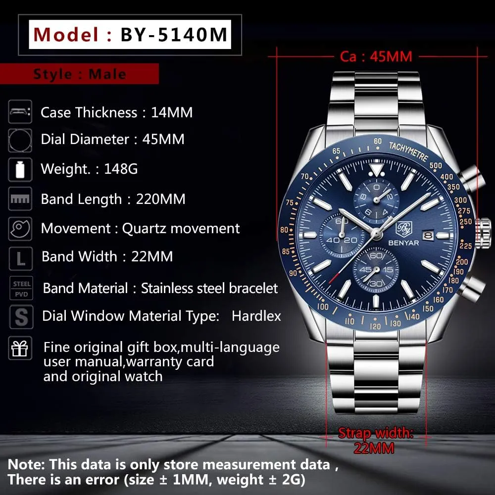 Strap Watches Quartz Movement, Waterproof and Scratch Resistant, Analog Chronograph Business Watch Mens Gift BENYAR - Stylish Wrist Watch for Men abundantly glow ductile Silicone 