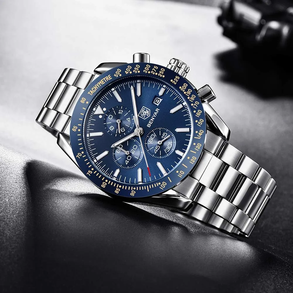 Strap Watches Quartz Movement, Waterproof and Scratch Resistant, Analog Chronograph Business Watch Mens Gift BENYAR - Stylish Wrist Watch for Men abundantly glow ductile Silicone 