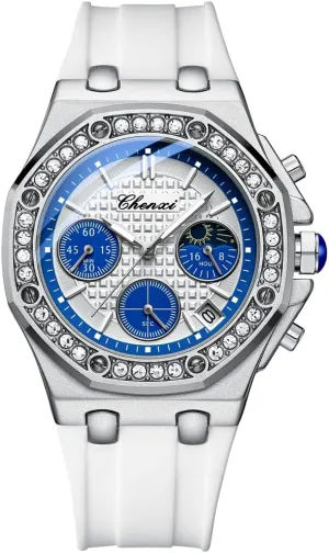 Subdials Chronograph Date Luminous Moon Phase Silicone Strap Ladies Watches MASTOP Fashion Women's Watch diplomat bequeath Diamond Waterproof Watches Quartz Analog 