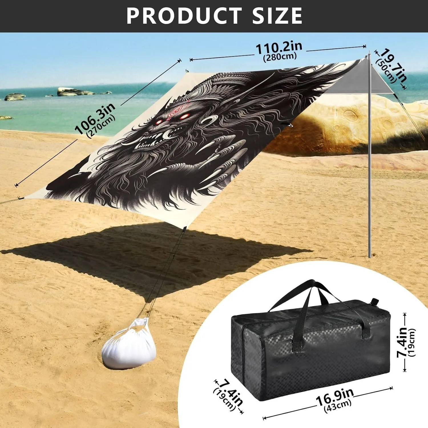 Sun Shade 9.2 ?? 10.5 FT Shadow Black Mythic Beast Portable Camping Shelter Family Wind Sail Shade mate satisfactory boulder with Anchor Poles Easy up Beach Tent Canopy Outdoor Patio 