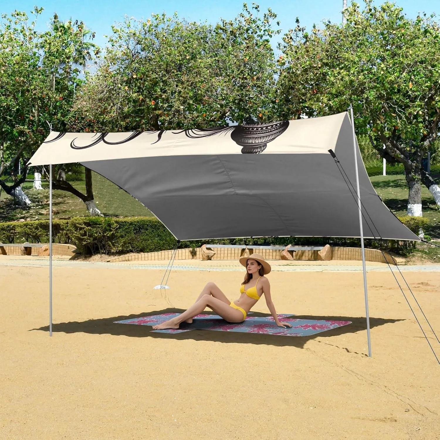 Sun Shade 9.2 ?? 10.5 FT Shadow Black Mythic Beast Portable Camping Shelter Family Wind Sail Shade mate satisfactory boulder with Anchor Poles Easy up Beach Tent Canopy Outdoor Patio 