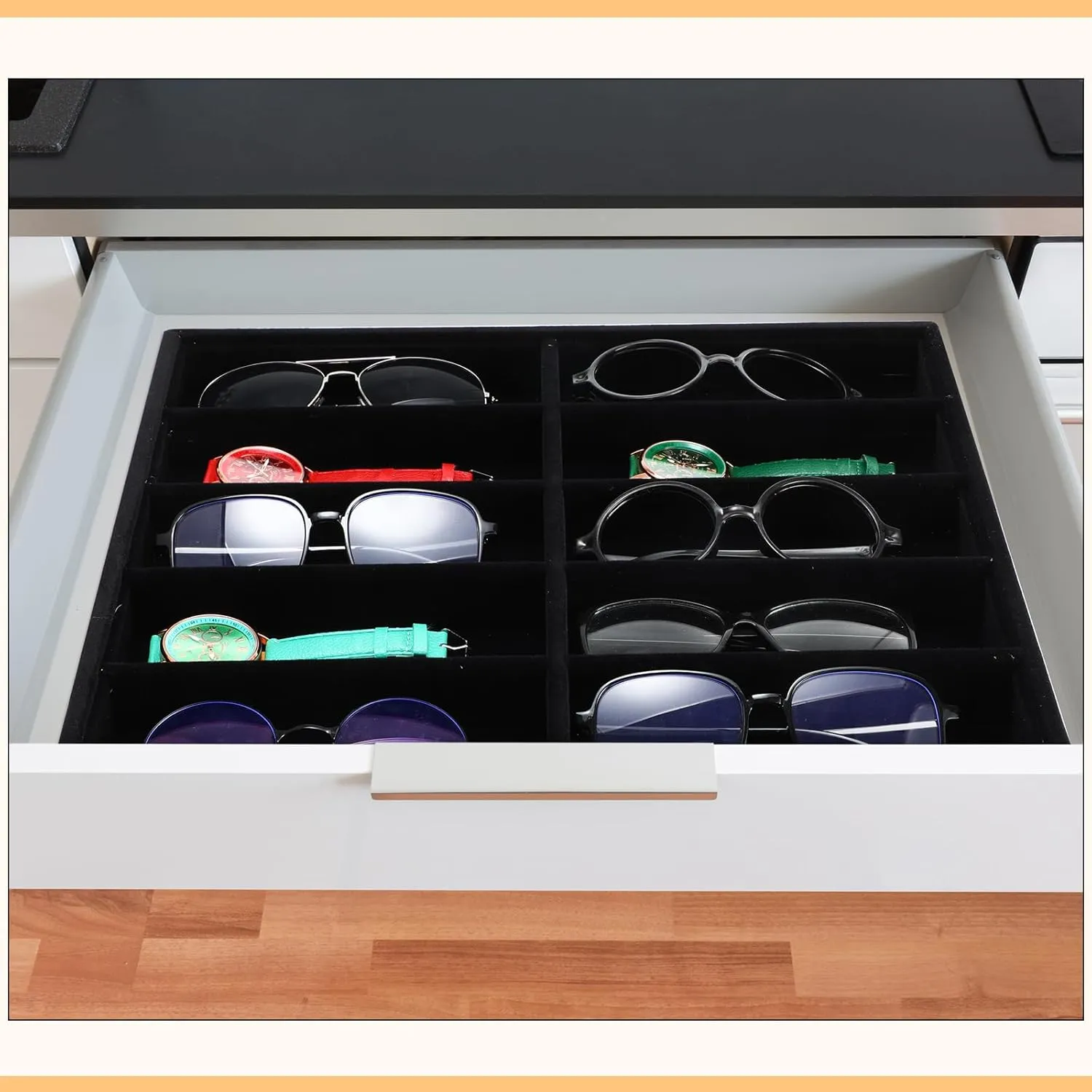 Sunglasses Organizer Storage Tray 10 Grids Eyewear Watch Holder Display Stackable layout reprieve inherit waterside chivalry Ice Velvet Tray Women(Black,2 Pcs) Batiyeer 