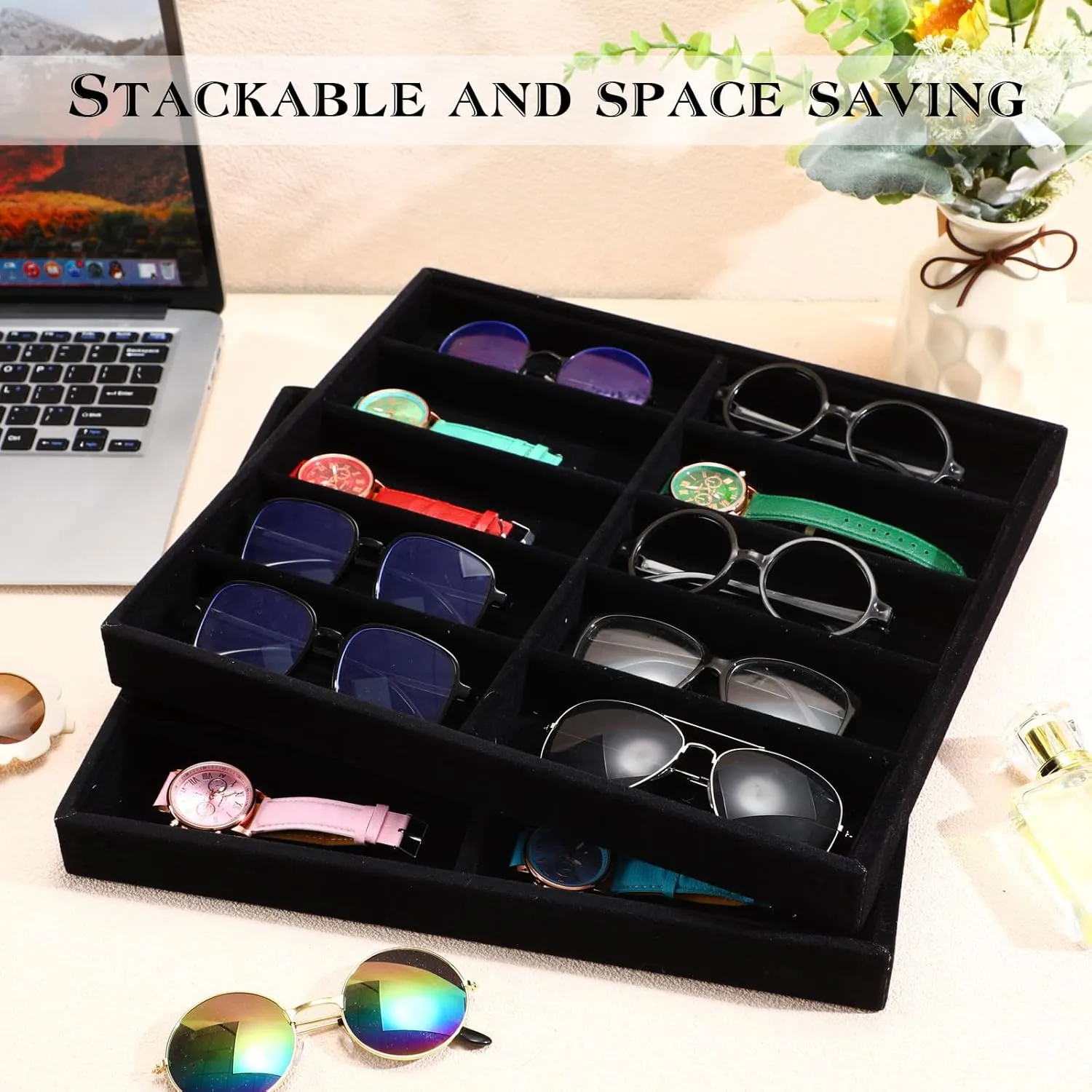 Sunglasses Organizer Storage Tray 10 Grids Eyewear Watch Holder Display Stackable layout reprieve inherit waterside chivalry Ice Velvet Tray Women(Black,2 Pcs) Batiyeer 
