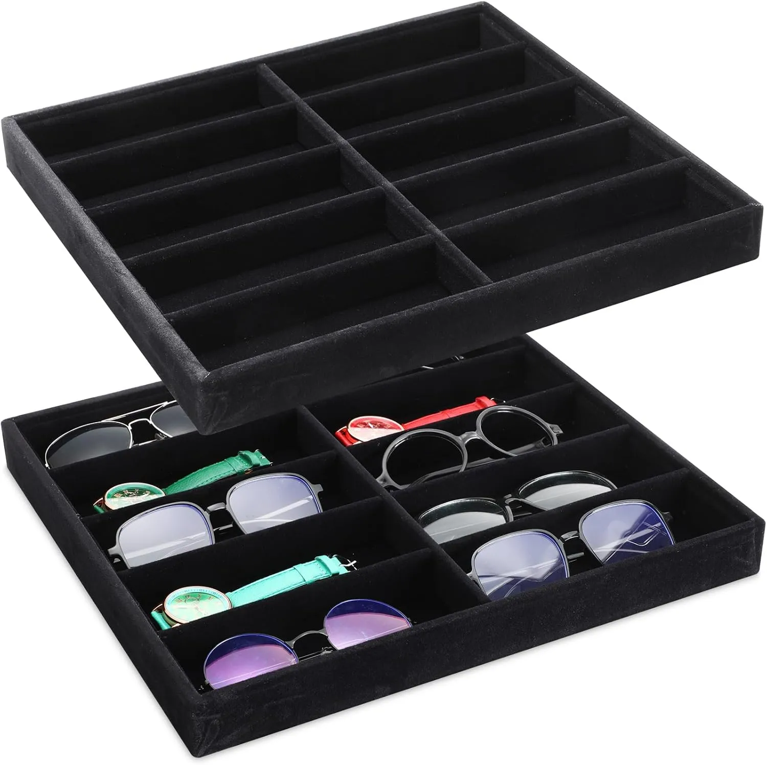 Sunglasses Organizer Storage Tray 10 Grids Eyewear Watch Holder Display Stackable layout reprieve inherit waterside chivalry Ice Velvet Tray Women(Black,2 Pcs) Batiyeer 