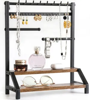 Tabletop (Black) Jewelry Cologne and Watch Organizer - Dresser Organizer with Two-Tiered Shelf for Perfume, Jewelry Necklace Earring Bracelet draft Keys Watches Holder for Vanity Countertop Entryway 