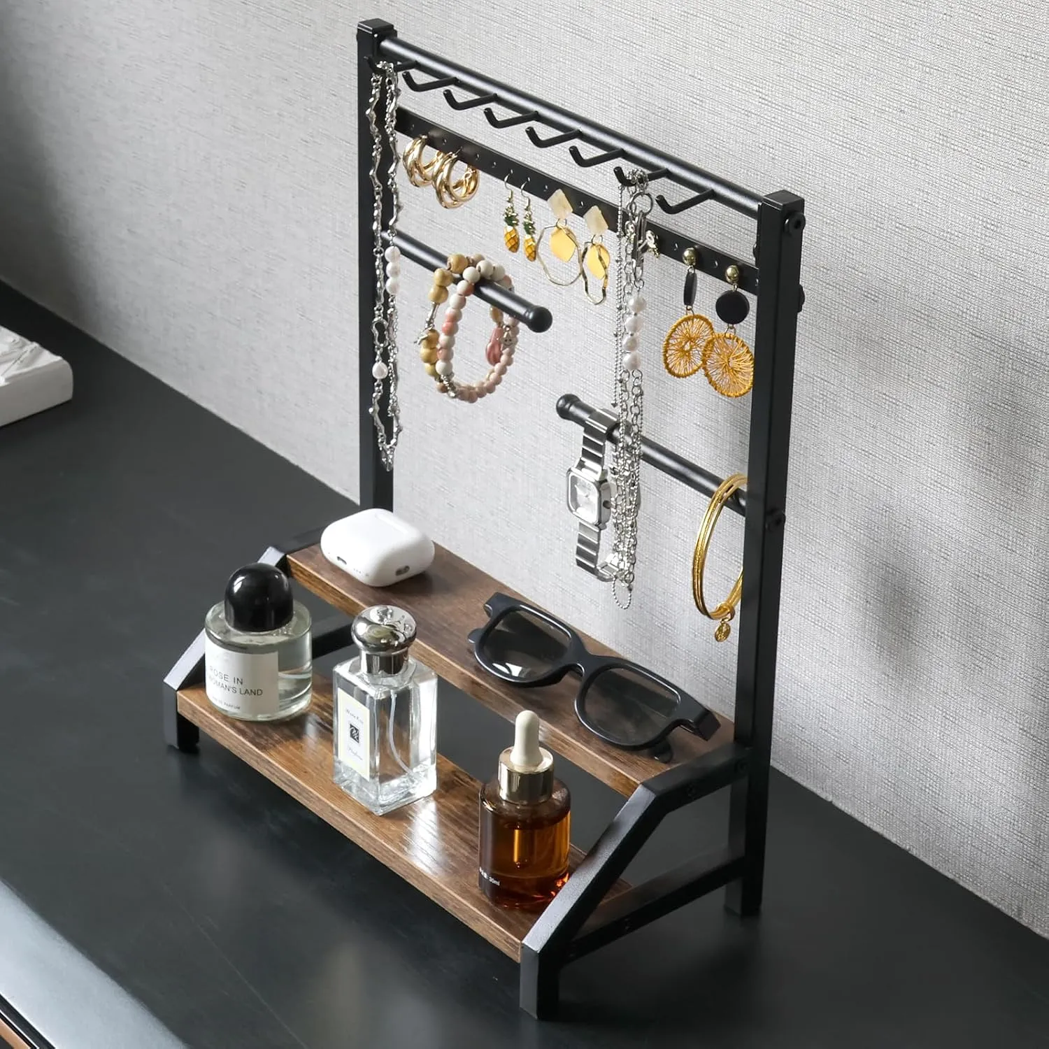 Tabletop (Black) Jewelry Cologne and Watch Organizer - Dresser Organizer with Two-Tiered Shelf for Perfume, Jewelry Necklace Earring Bracelet draft Keys Watches Holder for Vanity Countertop Entryway 