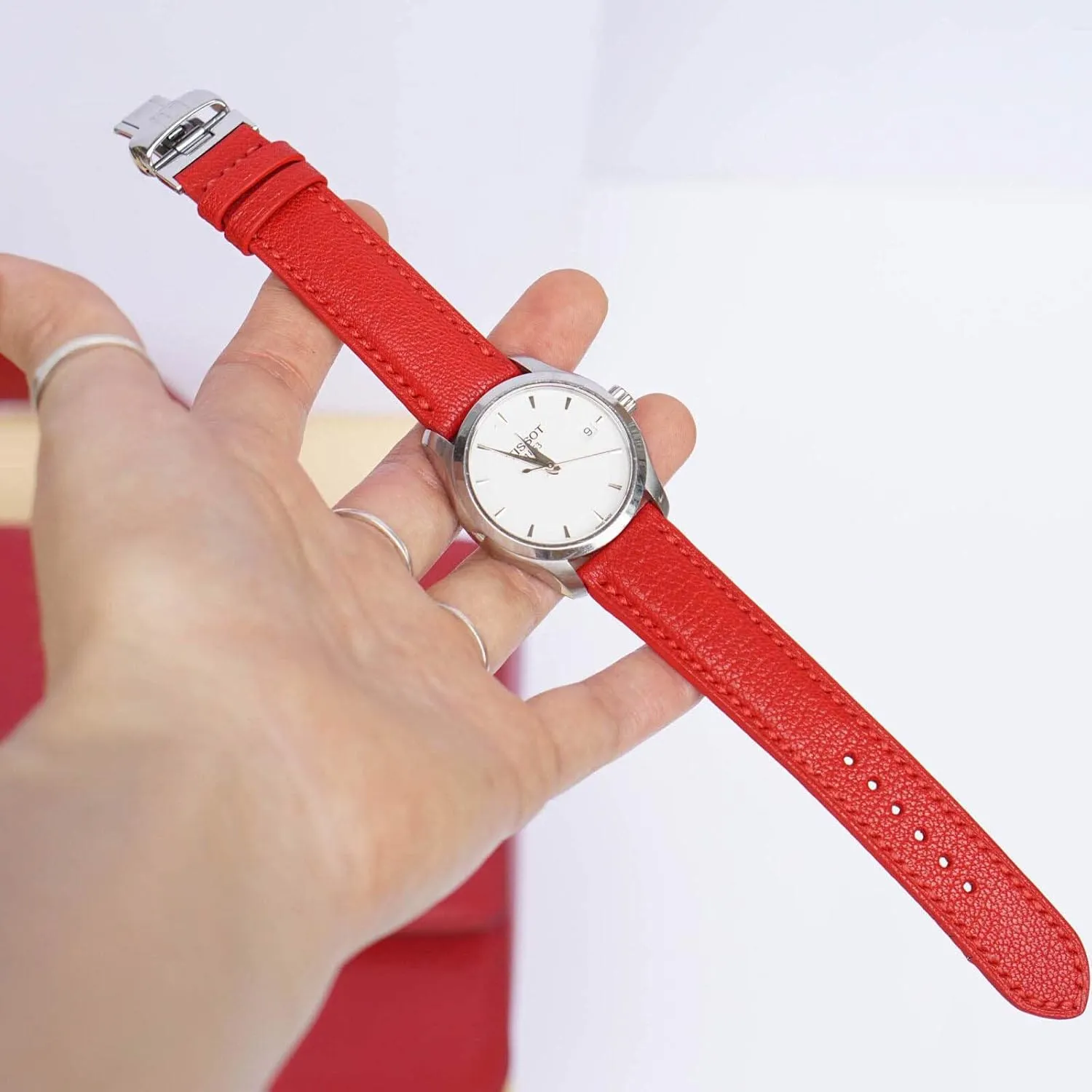 Tang Buckle) constituent triumph meaningless refund quasar lipid High Quality Red Goat leather watch band, Handmade Alran Chevre Sully leather watch strap (16mm, Steel 