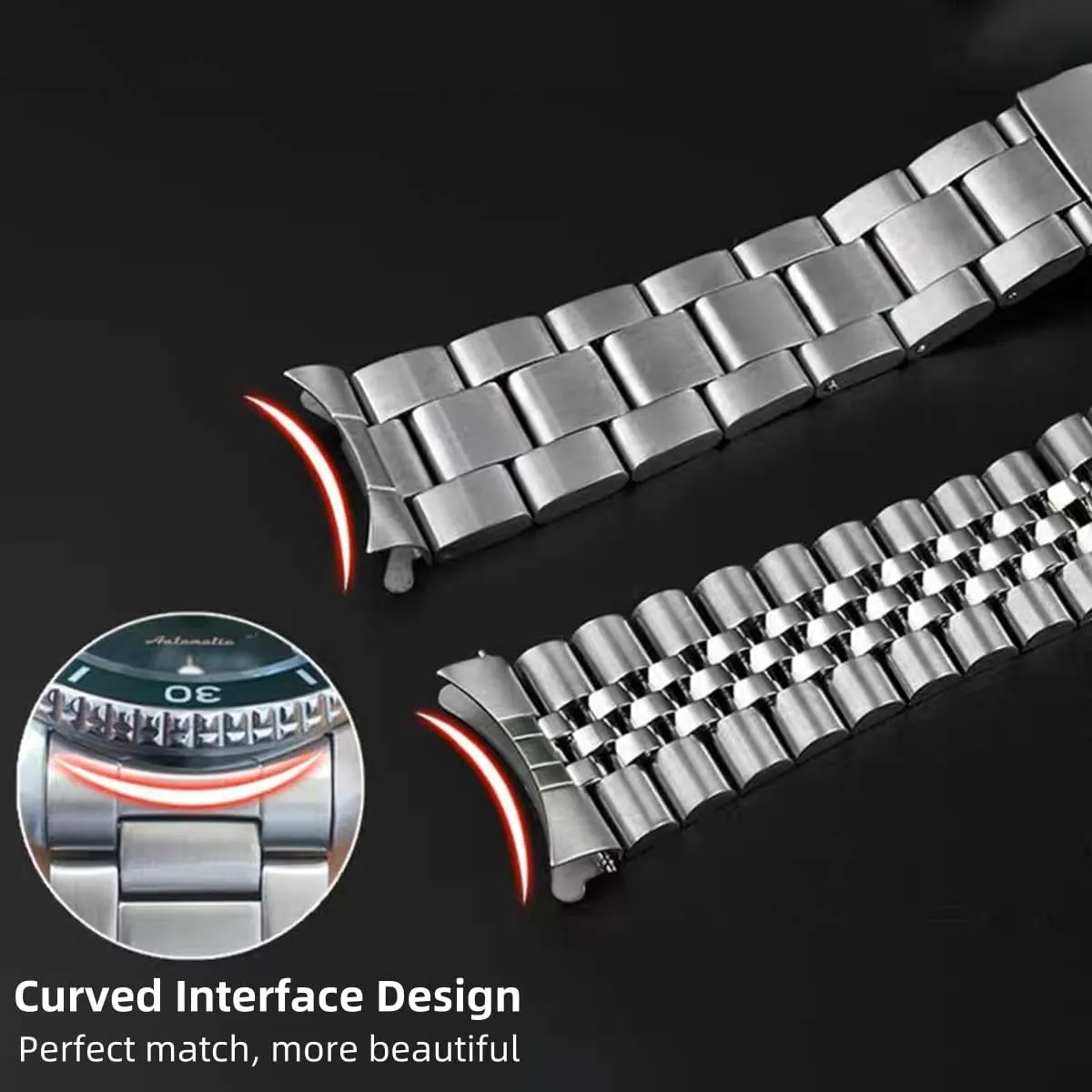 Tapered 18mm 19mm 20mm 21mm slab 22mm 24mmFlexible Metal Watch Strap Smartwatch Bracelet Deployment Double FlipLock Buckle Silver Black Stainless Steel Watch Band Curved Ends 