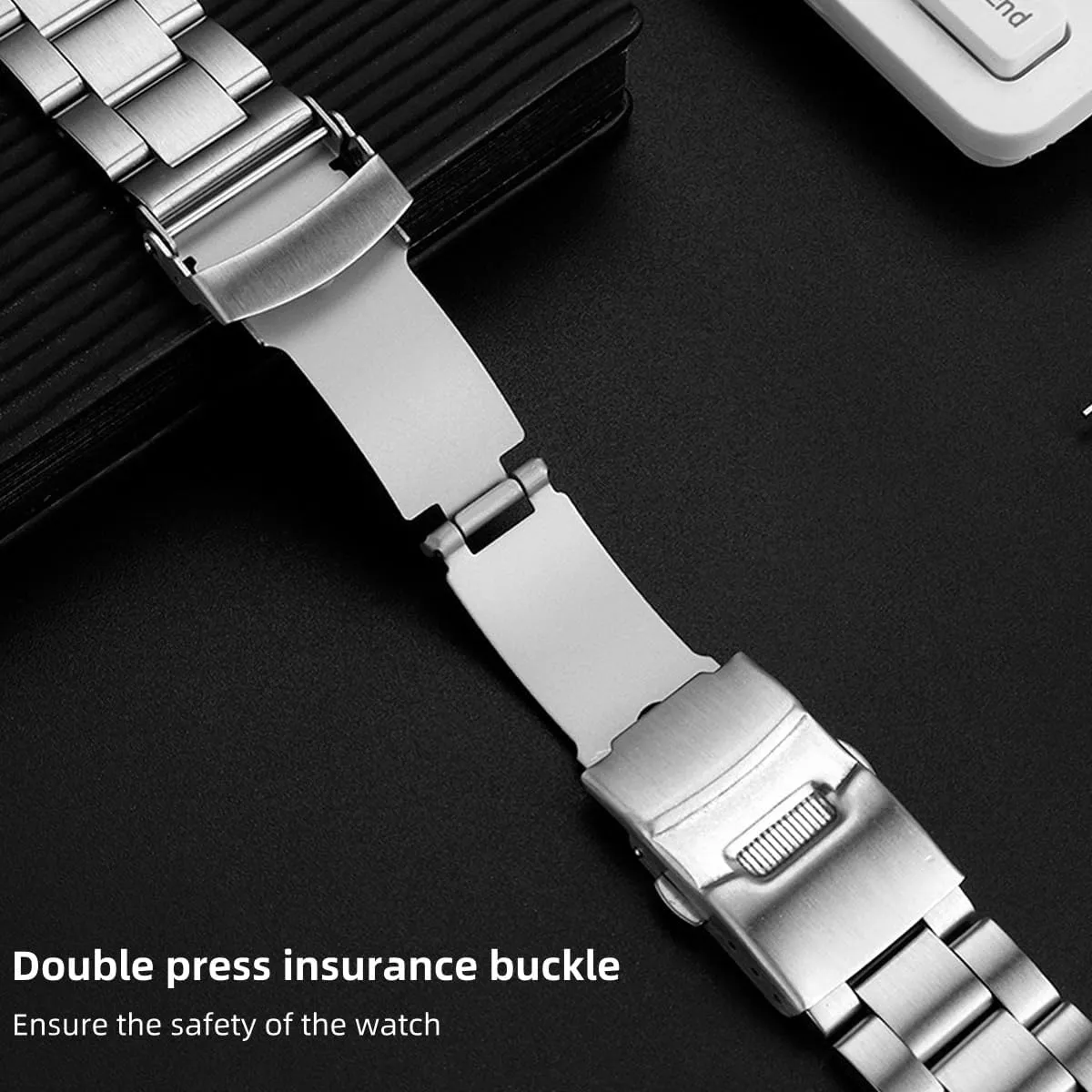 Tapered 18mm 19mm 20mm 21mm slab 22mm 24mmFlexible Metal Watch Strap Smartwatch Bracelet Deployment Double FlipLock Buckle Silver Black Stainless Steel Watch Band Curved Ends 