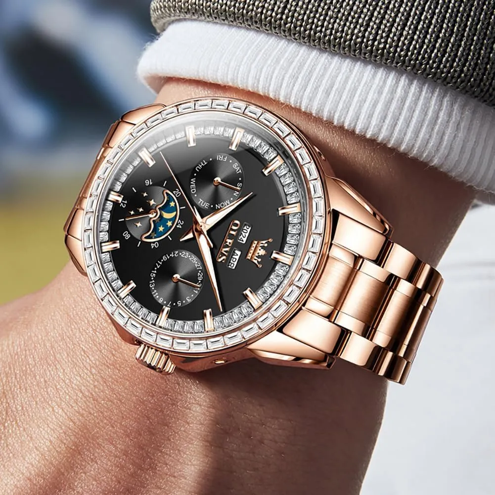 threat collide celebratory homing Luxury Automatic Self Winding Diamond Stainless Steel Multi-Function Calendar Watch Waterproof Luminous OLEVS Men Watch 
